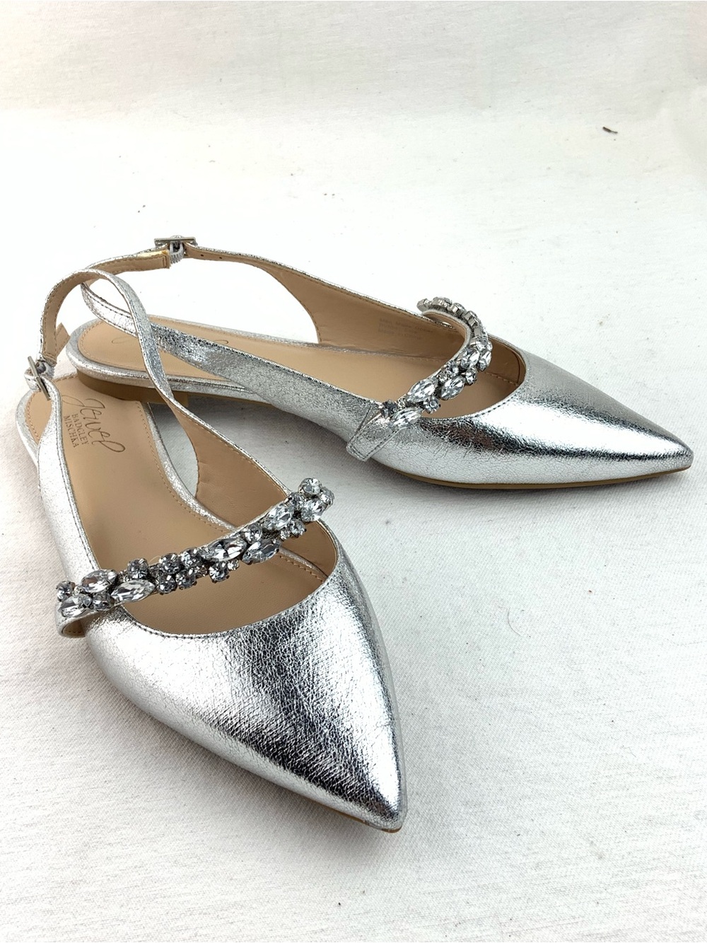 New Badgley Mischka “Jewel” Embellished Silver Pointed Slingback Flats - Picture 2 of 9